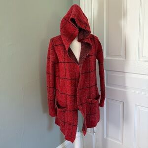 CYRUS Red & Black Windowpane Hooded Sweater Jacket Cozy Warm Winter XS